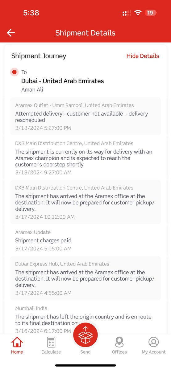 theamanali's tweet photo. @Aramex There are 5 people in my house. No attempt was made. I got a notification saying the driver was on the way to my house and suddenly with a few minutes I get the attempted delivery notification. I don’t think it’s right you guys charge a bomb for shipping for crap service https://t.co/YGpRPoTw6d