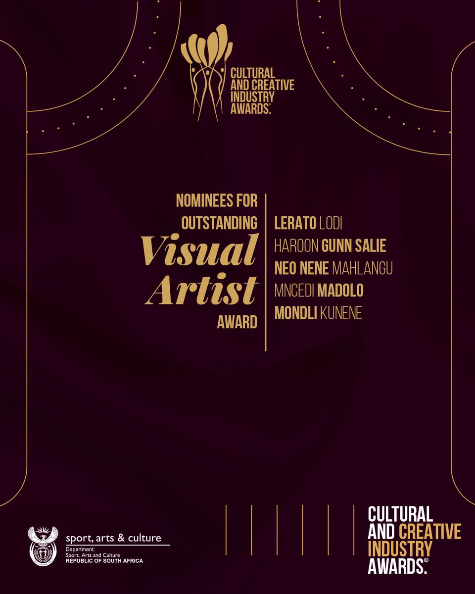 cciawards's tweet photo. Congratulations to the Creative &amp; Cultural Industry Awards nominations for outstanding Visual Artist Award.

Lerato Lodi
Haroon Gunn Salie
Neo Nene  Mahlangu
Mncedi Madolo
Mondli Kunene

#CCIA 
#CCIAwards
#WeAreArt
#WeAreCulture 
#WeAreCreative https://t.co/m02yrM83E3