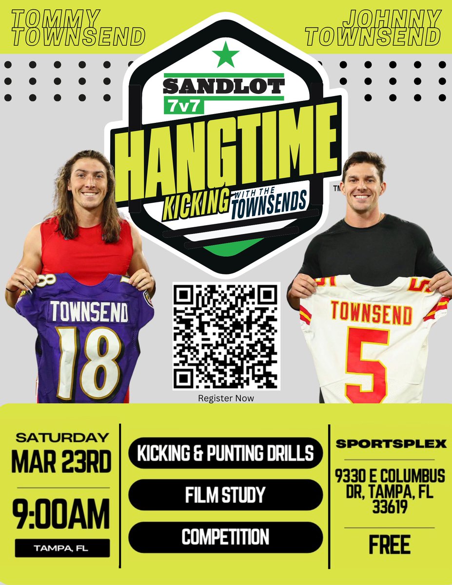 Florida kickers, punters, snappers, join me and @tommy_townsend for our first ever instructional camp. FREE! Meet NFL players, awesome giveaways, and more. Register below 💪🏼 zeffy.com/en-US/ticketin…