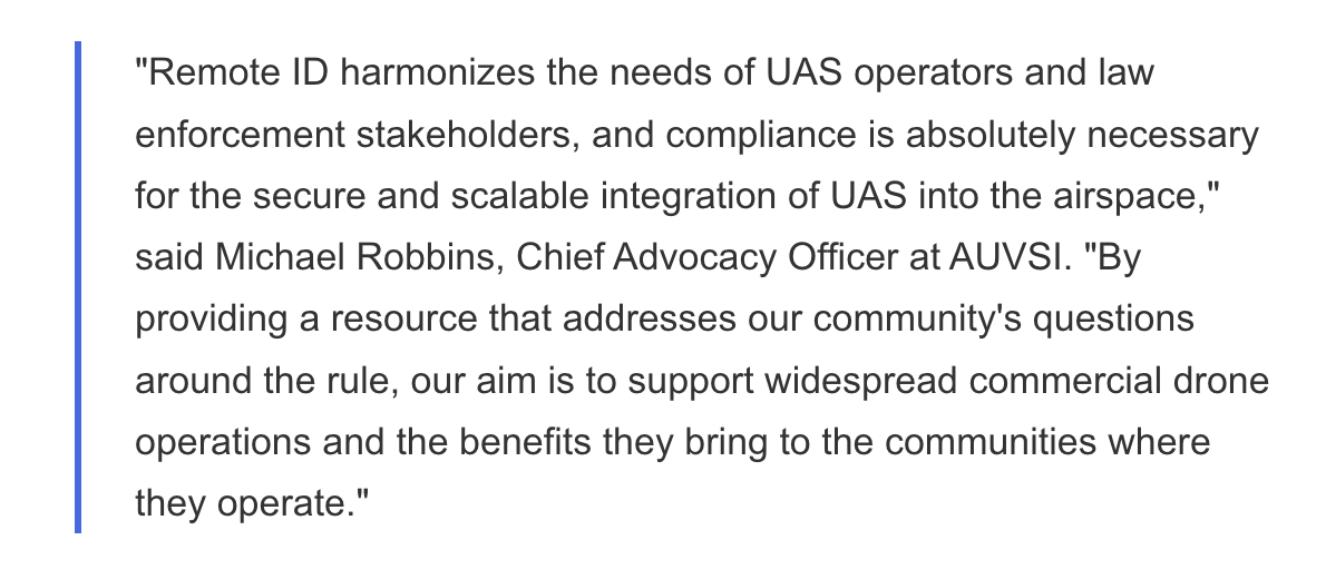 Resource alert: AUVSI and @WorkerDrones just released an FAQ doc to provide the #drone industry with guidance on compliance with @FAADroneZone's UAS Remote ID Rule. Check out important details for both operators and manufacturers → assets-002.noviams.com/novi-file-uplo…