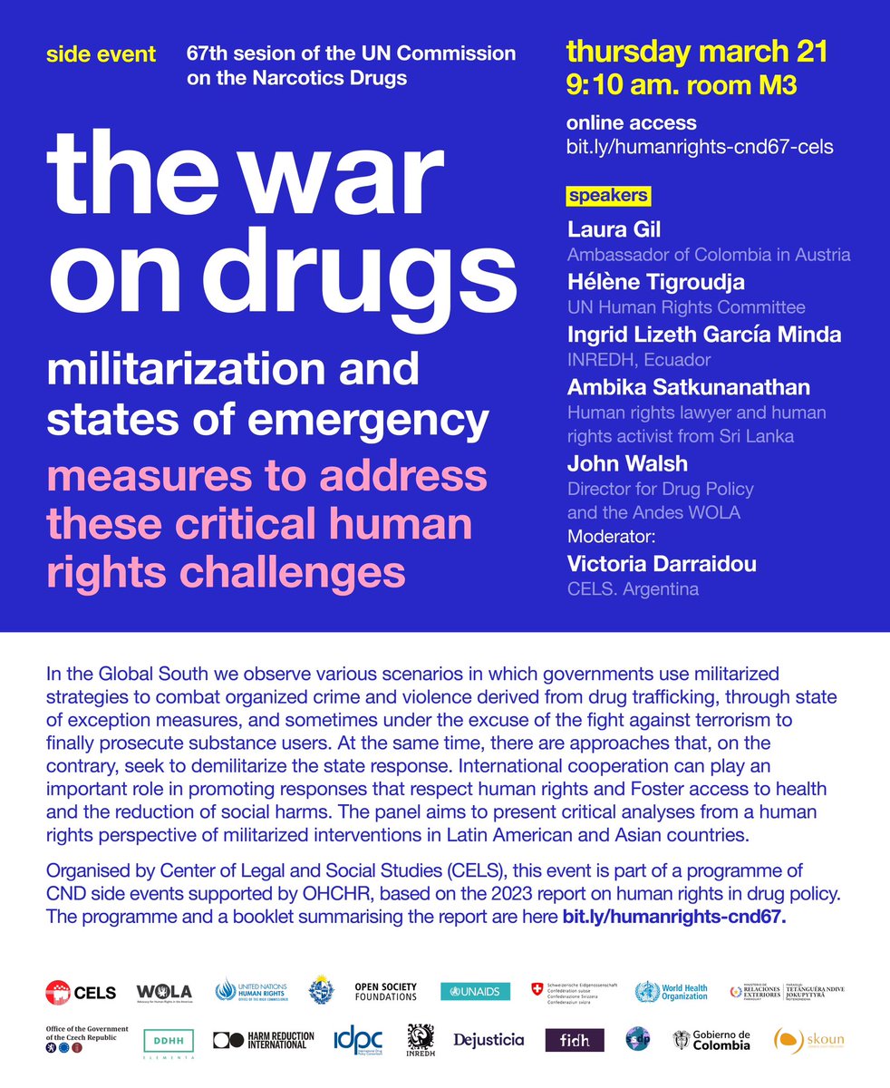 #Yukthiya #WarOnDrugs On Thurs 21 March, 9.10 am Vienna (1.40 pm SL) side event at #CND67 will focus on militarization and states of emergency in context of #WarOnDrugs & how to address their human rights impact. Register:us02web.zoom.us/webinar/regist… Access:us02web.zoom.us/j/89910416005