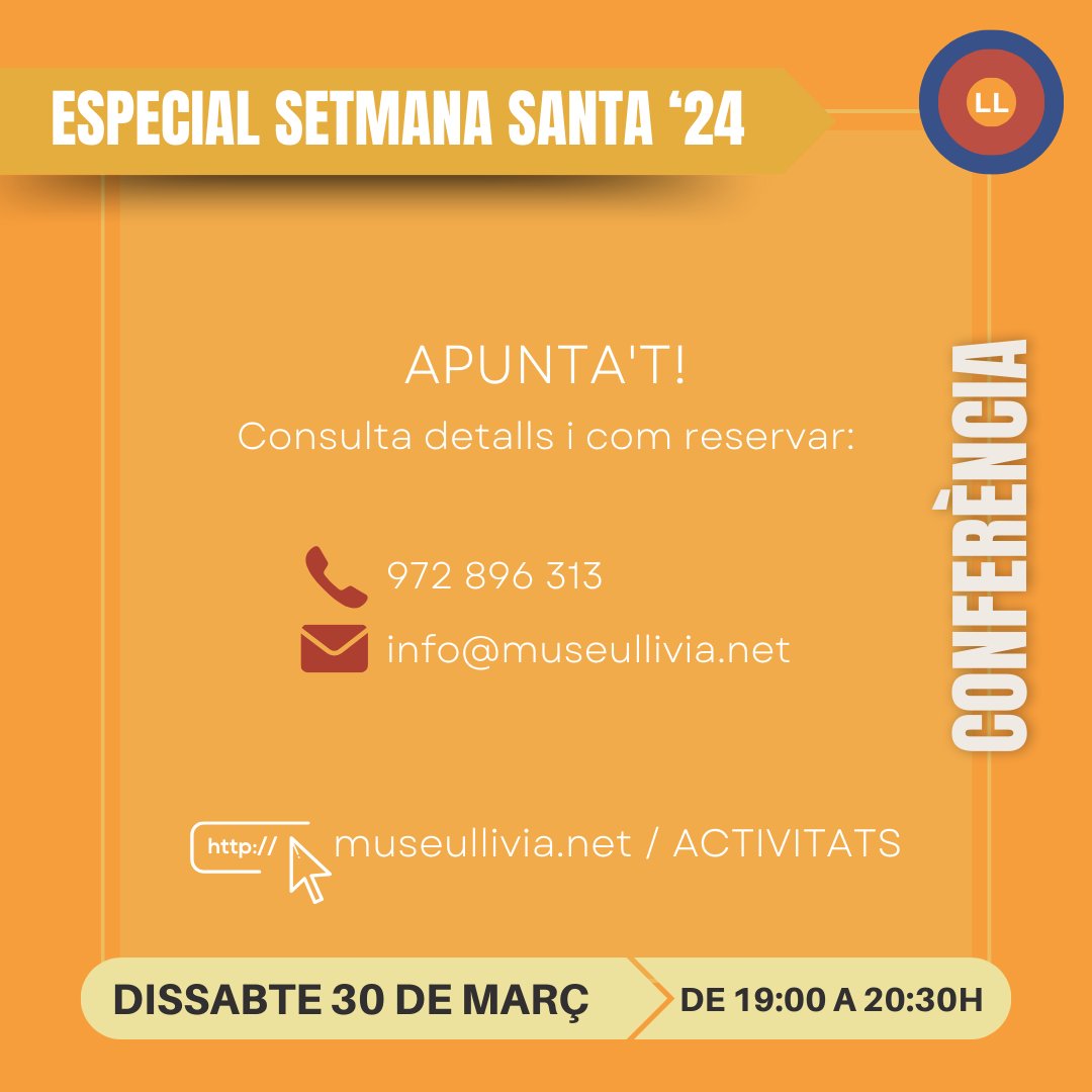 Dissabte 30 de març 🗓 de 19:00 a 20:30h
𝐶𝑜𝑛𝑓𝑒𝑟𝑒̀𝑛𝑐𝑖𝑎 🔴 Josep Maria Palet Martínez i Arnau Carbonell Puigventós. La Iulia Libica romana i l’influència en el paisatge de muntanya.

📍 A la sala del Museu
🏛️ Consulta detalls i com reservar ☏  972 896 313 <a href="/turismellivia/">Ajuntament Llívia</a>