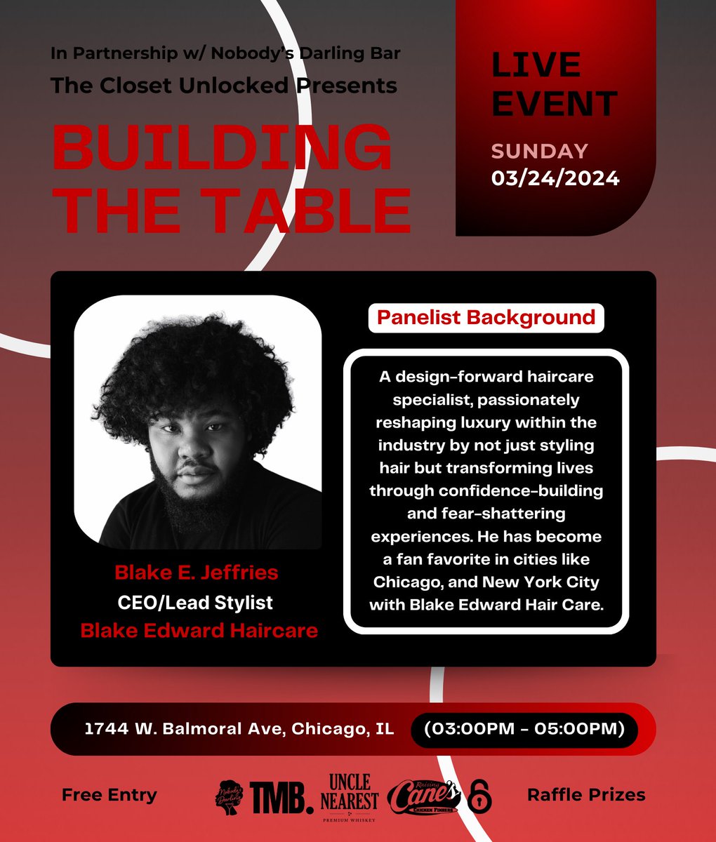 closetunlockd's tweet photo. Round of applause for our final panelist, Blake E. Jeffries, Chief Executive Officer and Lead Stylist at Blake Edward Hair Care ๐๐ฝโโ๏ธ๐
Mark your calendars now for #BuildingTheTable โ Sunday, March 24th at 3pm โ to join the discussion at Nobodyโs Darling Bar with us ๐๐พ https://t.co/93OJll8w5h