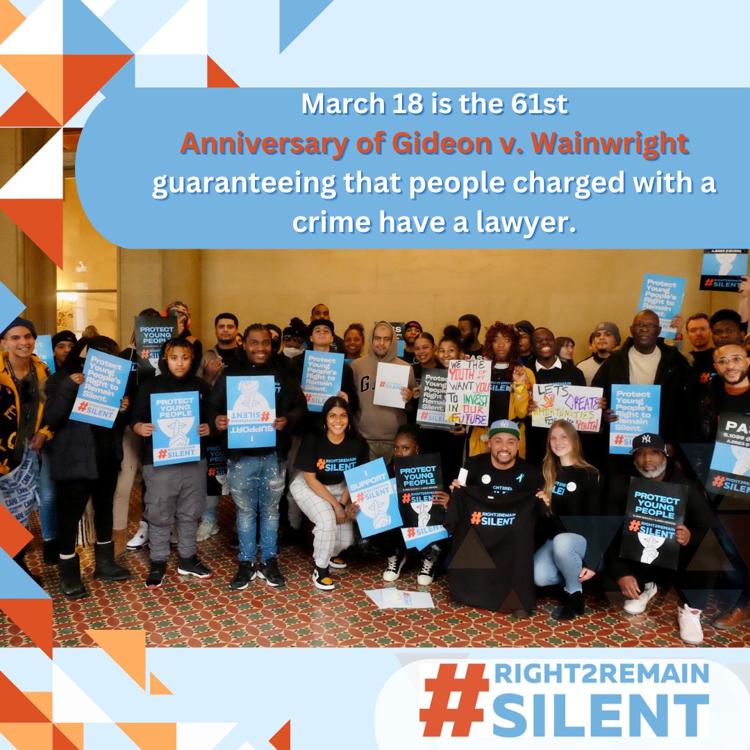 ON THIS DAY 61 yrs ago the US Supreme Court decided in favor of Gideon, guaranteeing that people charged with a crime have a lawyer. This year in #NYS, we need to pass #Right2RemainSilent so that all young people actually speak to a lawyer whenever they are questioned by police.