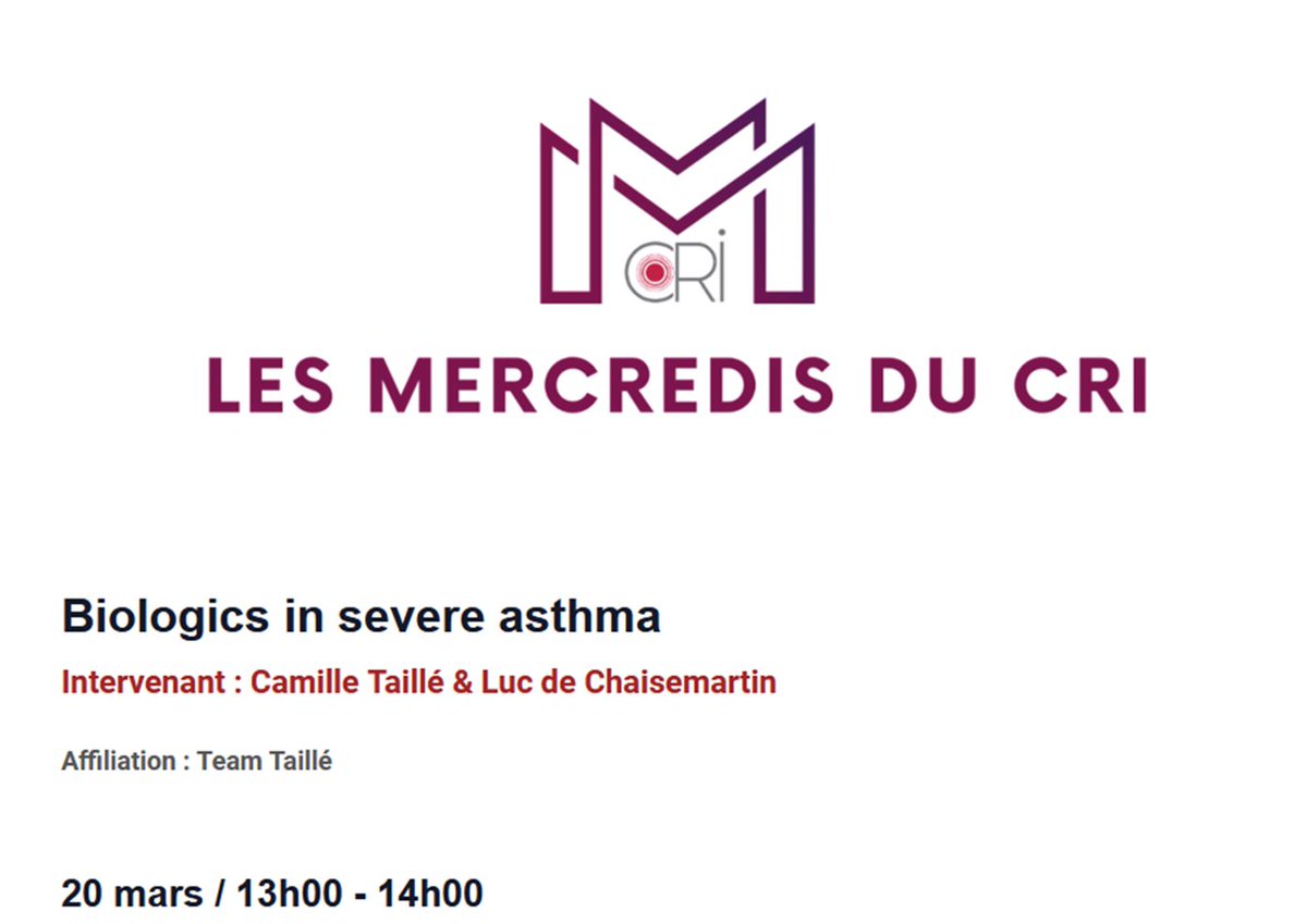 Wenesday the 20th of March, MCRI seminar  will be hosted by Pr.  Camille Taillé and Dr. Luc de Chaisemartin.
They'll talk about "Biologics in severe asthma.
The seminar will start at 1 p.m. room B241. 
You can also join the seminar using Zoom (see our web site)