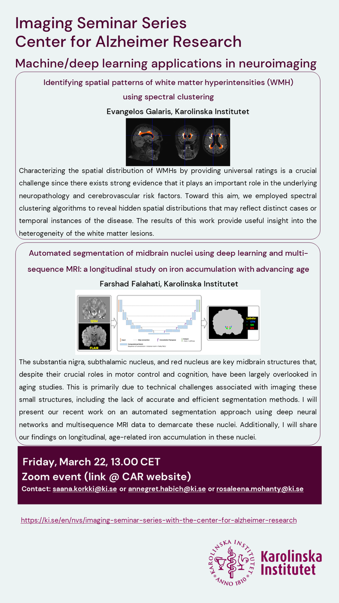 This Friday, @CAR_Karolinska 🧠 imaging seminar for March is happy to welcome Evangelos and @farshadfalahati who will share the machine/deep learning applications in neuroimaging. Feel free to reach out to @SaanaKorkki @annegret_habich or me for the zoom link!