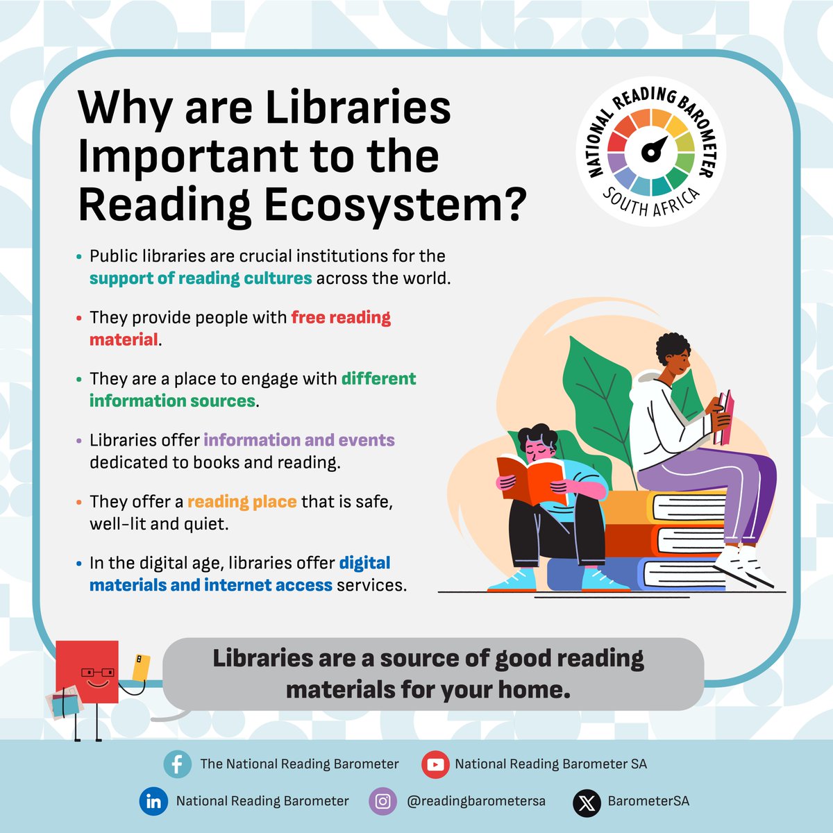 NRBarometerSA's tweet photo. In celebration of South African Library Week,  National Reading Barometer SA  has put together reasons why libraries are more important to the Reading Ecosystem here https://t.co/aXWCawrhEI.  Share yours in the comments.
@NLSA1  @LIASANews #literacy  #library #SALibraryWeek https://t.co/DEByeJHl0I