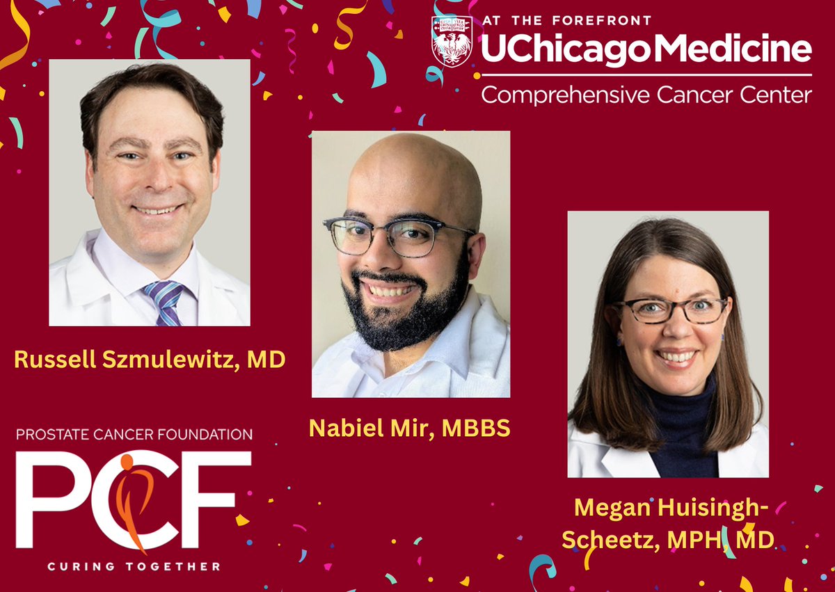 Huge congratulations to 2023 PCF Team Challenge Award recipients Russell Szmulewitz, MD, Nabiel Mir, MBBS, and Megan Huisingh-Scheetz, MD, MPH for innovative prostate cancer research. @UCCancerCenter @UChicagoHemOnc @UChicagoMed ow.ly/4ykA50QVAiE