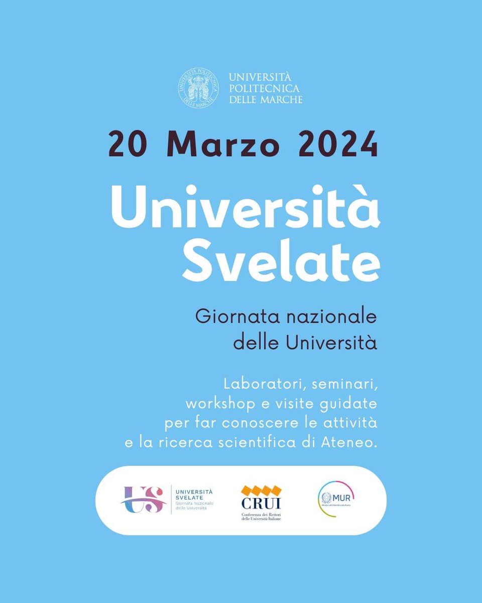 L’Università Politecnica delle Marche aderisce all’iniziativa “𝐔𝐧𝐢𝐯𝐞𝐫𝐬𝐢𝐭𝐚̀ 𝐬𝐯𝐞𝐥𝐚𝐭𝐞” promossa dalla CRUI. Il 20 marzo 2024, scopri il programma e prenotati agli eventi: sl.univpm.it/MH46445 #giornatanazionaledelleuniversità #universitasvelate