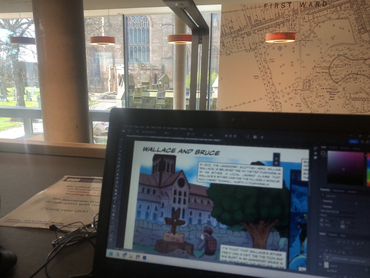 I’m working on page layouts today in the <a href="/ONatDCLG/">Dunfermline Carnegie Library & Galleries</a>. I’m currently working on a page about Wallace and Bruce, right opposite the very places that appear on the page. #comics #history #Dunfermline #TheDunfermlineStory