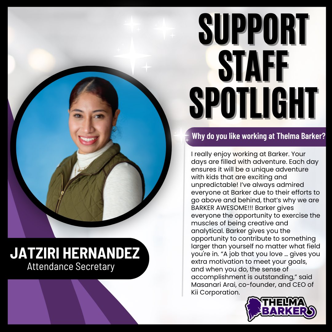 Our next employee spotlight goes to the amazing Jatziri Hernandez! We love you, Ms. Hernandez! We don’t know what we would do without you!✨💜 #BarkerAwesome