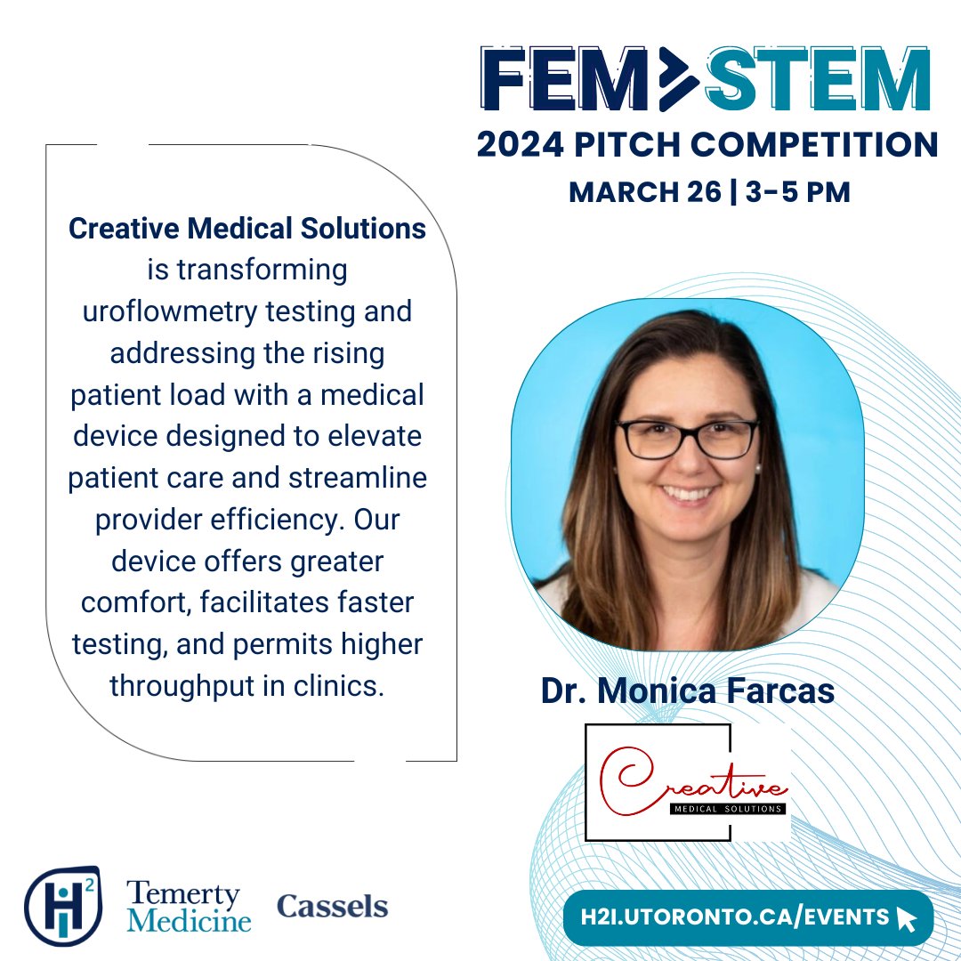We hope to see you next week for the 2024 FemSTEM Pitch Competition! Get to know our finalists! Next up: Creative Medical Solutions, pitched by Dr. Monica Farcas! 💡 Learn more & register now: h2i.utoronto.ca/event/femstem-…