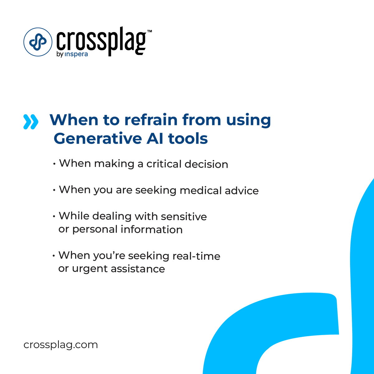 crossplag's tweet photo. Generative AI tools are not your go-to during critical decisions! 🚫

They're good when discussing other matters or generating new ideas💡, but they will not help you in certain situations.

#generativeai #originalityTips https://t.co/0GYKaUUB7M