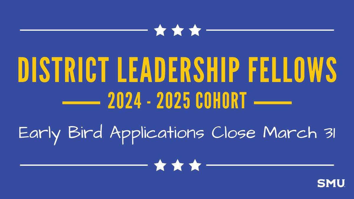 Two weeks left for early bird applications for the SMU District Leadership Fellows program. Apply to join this cohort of life-long learners at bit.ly/DLF-2024-App #SuptChat #SchoolLeaders #edchat #LeadershipDevelopment #WomenInLeadership