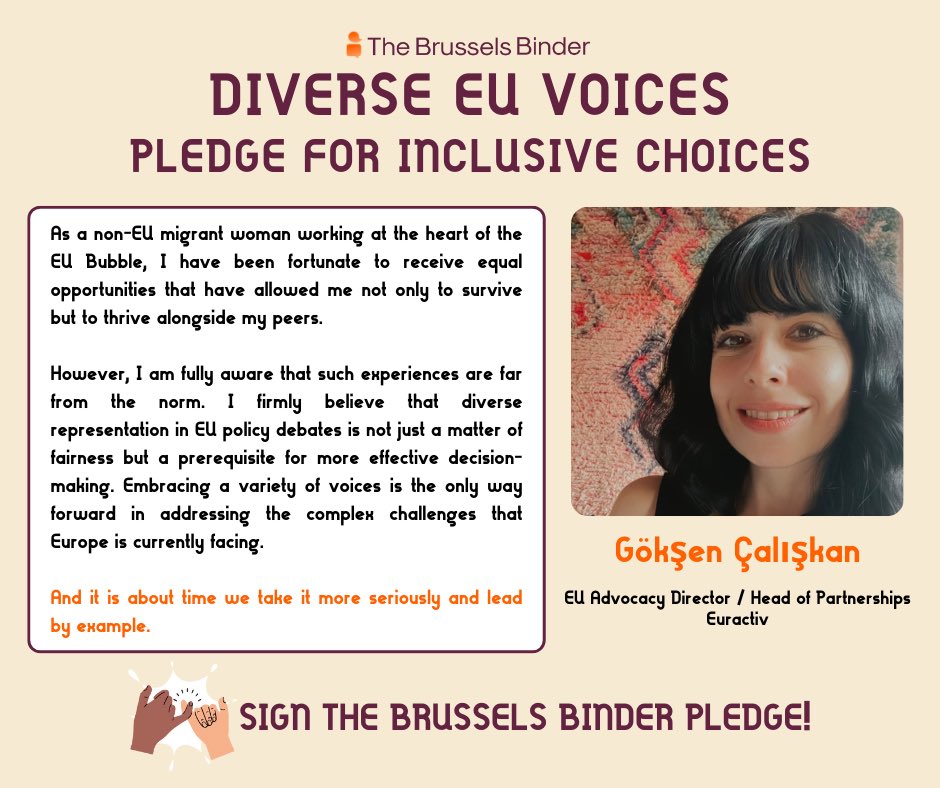 Have you our pledge for diverse panels yet? 
 
If, like <a href="/GoksenC/">Gökşen Asia Ç.</a>, you believe that diversity in EU debates is crucial—not just for fairness but as a cornerstone of informed and effective decision-making—then your support is vital!

brusselsbinder.org/sign-the-manif…