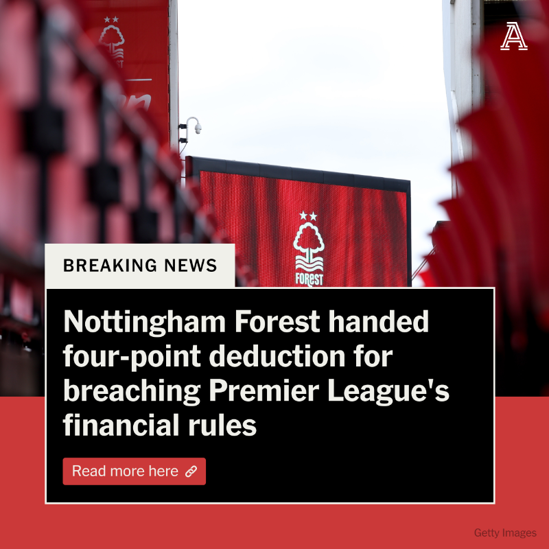 TheAthleticFC's tweet photo. Nottingham Forest have been handed a four-point deduction following a breach of the Premier League’s profitability &amp; sustainability rules.

Under the guidelines, they could have been fined or deducted points for the breach. 

The deduction sees #NFFC drop to 18th in the #PL