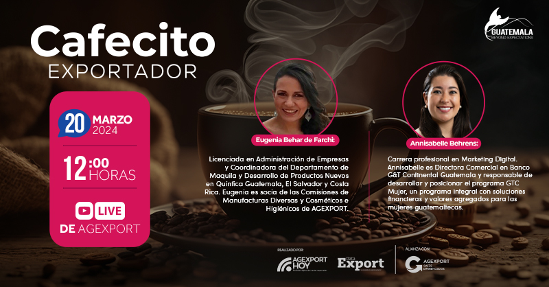 #CafecitoExportador | En el marco del Día Internacional de la Mujer, se llevará a cabo un Cafecito Exportador dedicado a esta fecha con la participación de dos profesionales y referentes para las mujeres guatemaltecas. ☕

🗓️ 20 de marzo.
🕛 12:00 horas.
📍 YouTube Live.