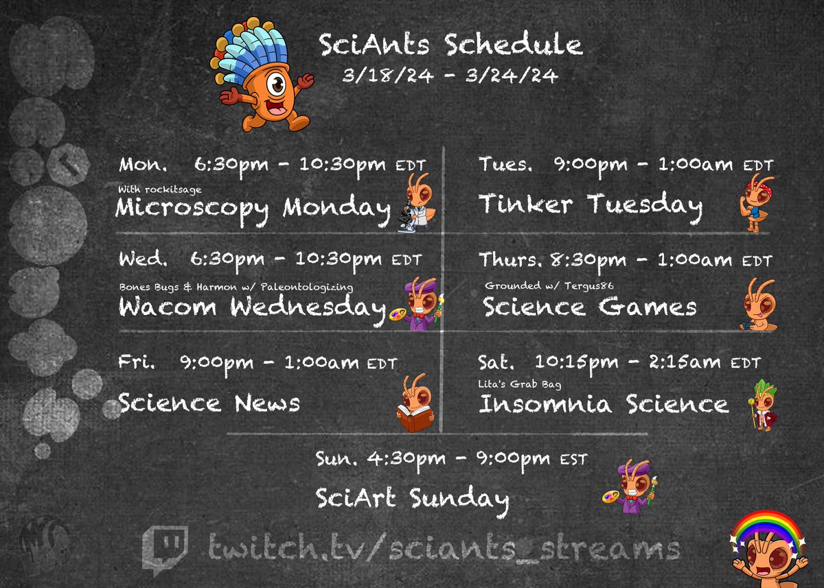 #SciAnts stream schedule for week is live! #science and #art fun for our amazing community. Week of 3/18/24. Hope to see you there! #scicomm #stem #twitchstreaming #twitchpartner #twitch #twitchstreamer #live #livestream #TwitchStreamers #twitchtv twitch.tv/sciants_streams