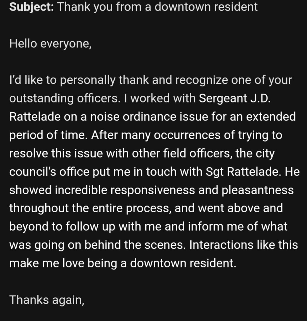 raleighpolice's tweet photo. Today, we want to feature a message from M. Marin, a resident of downtown Raleigh. We hope that reading about how Sergeant Rattelade went above and beyond inspires you to do the same for others in your life. Let's start the week off on a positive note!

#RPDStrong #RaleighNC https://t.co/bMpV8ROrQ7