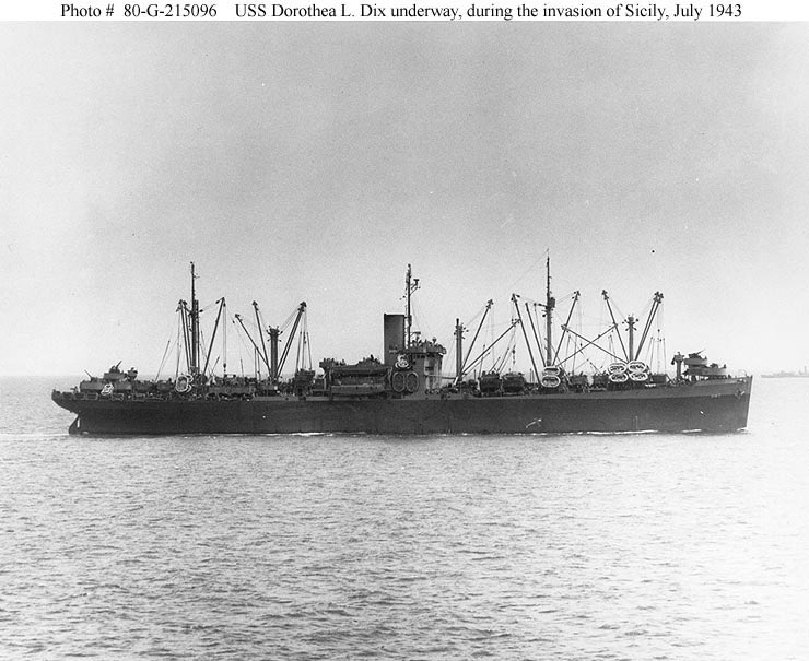 Dorothea L. Dix underway, 10 July 1943, the first day of the invasion of Sicily. A paravane is visible near the waterline about a third back from the bow