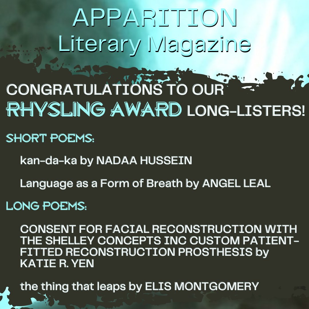 (1/4)
CONGRATULATIONS to Nadaa Hussein, Angel Leal <a href="/orbiting_angel/">Angel L 🏳️‍⚧️</a>, Katie R. Yen <a href="/KatieDoWrite/">Katie R. Yen</a>, and Elis Montgomery <a href="/elismontgomery/">Elis Montgomery</a> on making the <a href="/sfpoetry/">SF & F Poetry Assn</a> Rhysling Long List!

Links in thread...