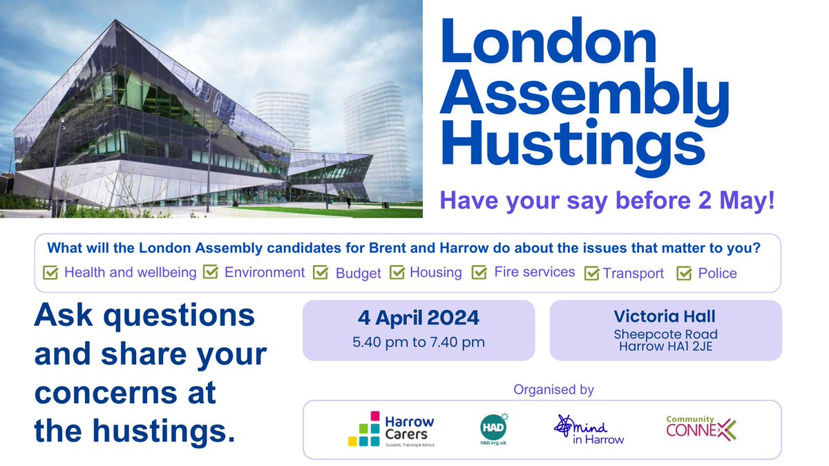 🗳️ Join us at the London Assembly Hustings on April 4th! Have your say on important issues like health, environment, housing, and more. Don't miss this chance to ask questions and share your concerns. See you there! #LondonAssembly #Harrow #Brent #CommunityVoice