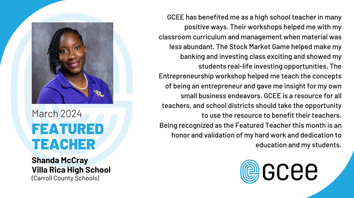 GCEE (@georgiaecon) on Twitter photo Congratulations to the multi-talented Shanda McCray from Villa Rica High School (<a href="/carrollschools/">Carroll County Schools</a>) for being recognized as our March Featured Teacher. Congratulations to the multi-talented Shanda McCray from Villa Rica High School (<a href="/carrollschools/">Carroll County Schools</a>) for being recognized as our March Featured Teacher.