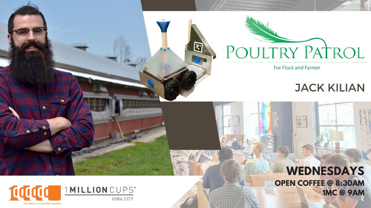 Join us at MERGE this Wed. for 1MC! We'll be hearing from Jack Kilian, Founder of Poultry Patrol – a robot that helps poultry producers with bird movement, deceased bird removal, bedding management, welfare assessment, and biosecurity.

Open Coffee @ 8:30am | Presentation @ 9am