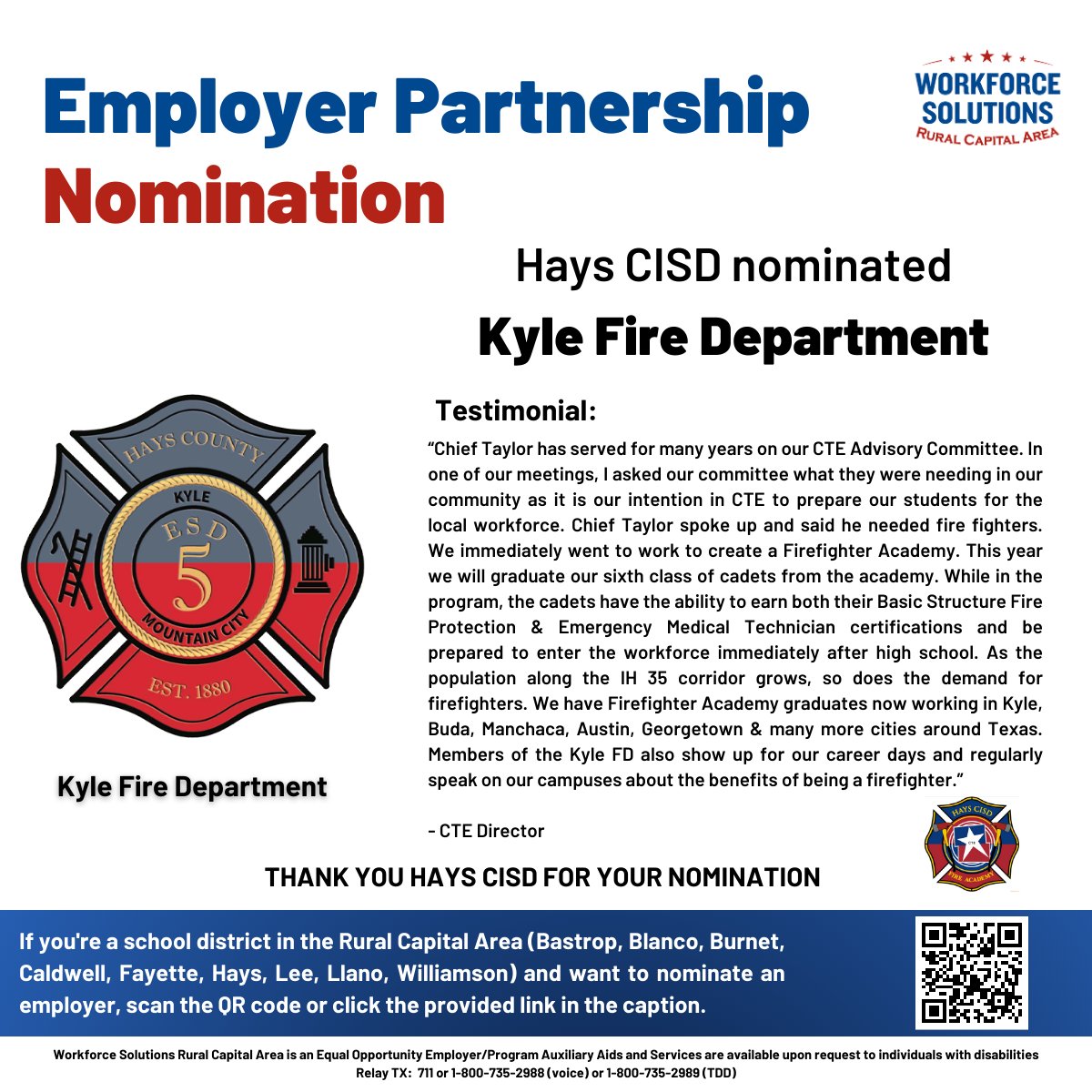 This week's Employer Partnership Nomination goes to the <a href="/KyleFD/">Hays County ESD No. 5 / Kyle Fire Department</a>, nominated by <a href="/HaysCISD/">Hays CISD</a>.  For the full story, click here: workforcesolutionsrca.com/blog/unlocking…

#careerdevelopment #employerpartnership #WSRCA