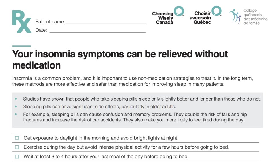 It’s the Week for Better Sleep! @canadiansleep
@ChoisirSoinQC developed a prescription for non-pharm. approaches to treat insomnia. An excellent guide in support of best practices and to avoid prescribing sleeping pills!
@ChooseWiselyCA @LeCQMF @rwittmer3
cqmf.qc.ca/wp-content/upl…