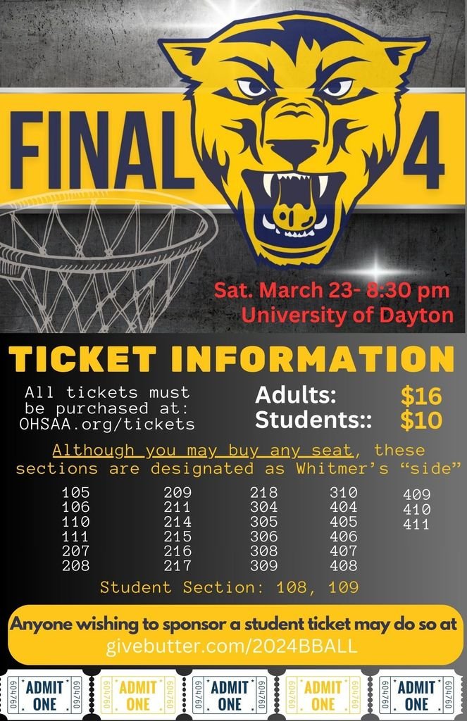 Can't go to the Final Four game in Dayton, but would be willing to sponsor a student ticket?   DONATE at:  givebutter.com/2024BBALL

*Each student ticket is $10. Your donation will be used to buy extra tickets for kids wanting to go to the game.