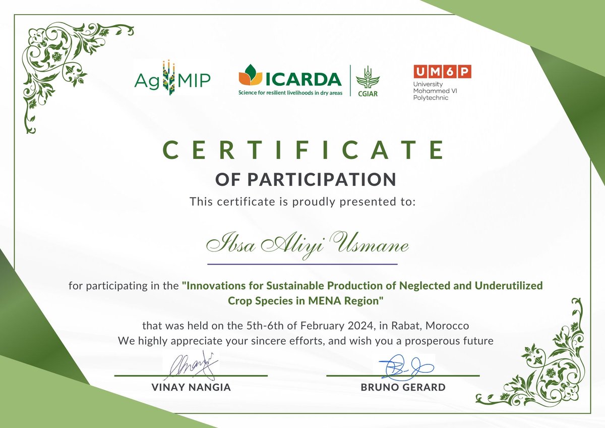 I am delighted to share the certificate for my research paper presentation on the conference of Innovations for Sustainable Production of Neglected and Underutilized Crop Species in MENA Region, which took place in Morocco from February 5-6, 2024.