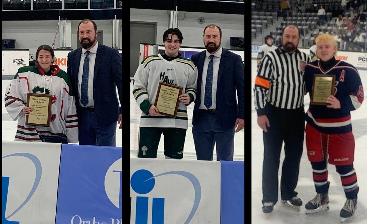 Congratulations to the MVPs of the RIIL Ice Hockey Championships👏 🏅Girls - Alice A. Sullivan Award: Ava Porter, SCMB Co-op 🏅D-I Boys - Monsignor Robert C. Newbold Award: Griffin Crain, Bishop Hendricken 🏅D-II Boys - Monsignor Robert C. Newbold Award: Shane Temple, Portsmouth