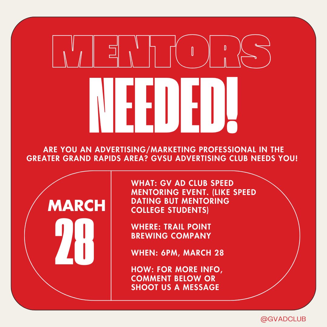 Anyone interested in joining our Speed Mentoring Event on March 28 at 6PM?

Send us a message on X to get involved. We appreciate your time, thank you! #Advertising #gvsu #adfed