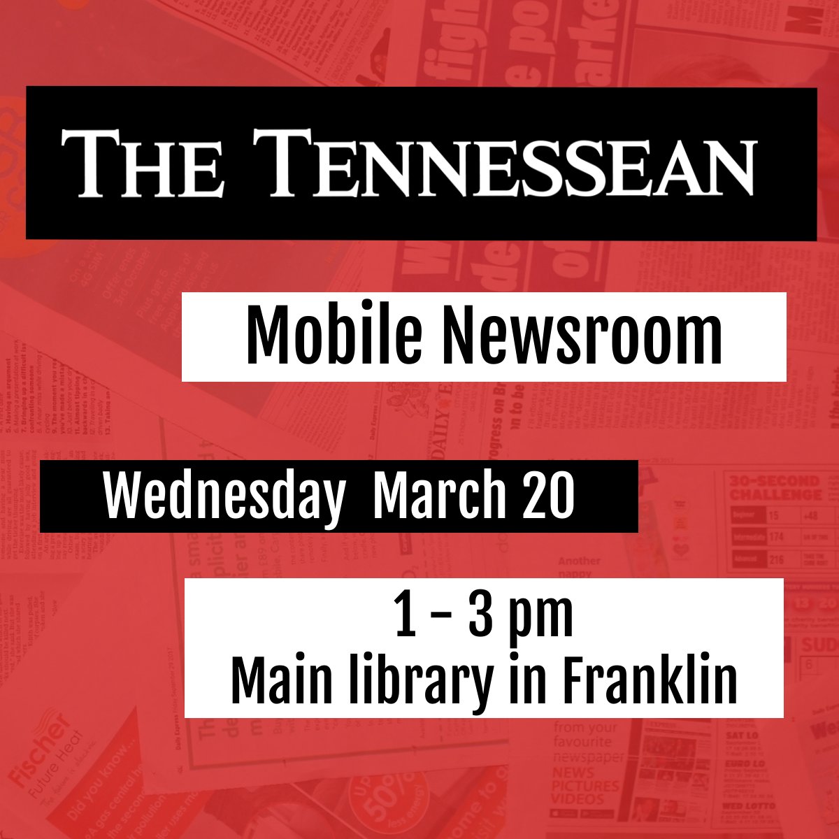 Meet the Tennessean's suburban editor and Williamson County reporter. Come with questions about your community and our coverage. This is an open forum at the main library in Franklin.