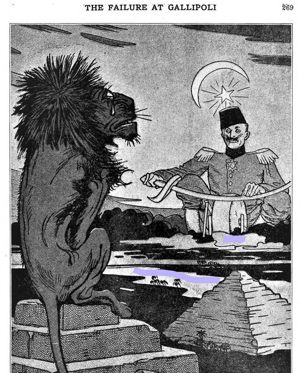 Gelibolu'nun tahliyesinden sonra yayınlanan bir karikatür. (1916) Mısır'daki yaralı İngiliz aslanı Çanakkale'de İslamın kılıcını bileyleyen Enver Paşa'ya ağlayarak bakıyor. #18MartÇanakkaleZaferi