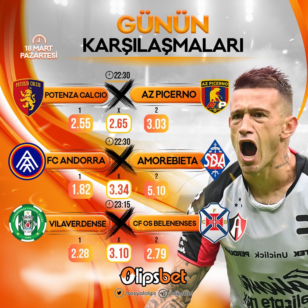 ⚽️ ⚽️ ⚽️ GÜNÜN MAÇLARI ❗️

💎 Her yatırıma freebet ❗️
💎  Şans çarkı sınırsız ödüller ❗️

✅ Olipsbet kazandırır❗️

22:30 R Potenza v Picerno 

22:30 FC Andorra v Amorebieta

23:15 Vilaverdense v CF Os Belenenses 

#olipsbet 

👉 buff.ly/3QtWNb9