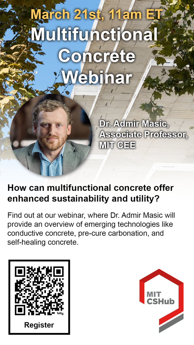 Join @admir_masic this Thurs, 11am ET as he leads a free #webinar on multifunctional #concrete. He will discuss tech like conductive concrete and pre-cure carbonation that could enhance #sustainability and utility. bit.ly/3PbW66K