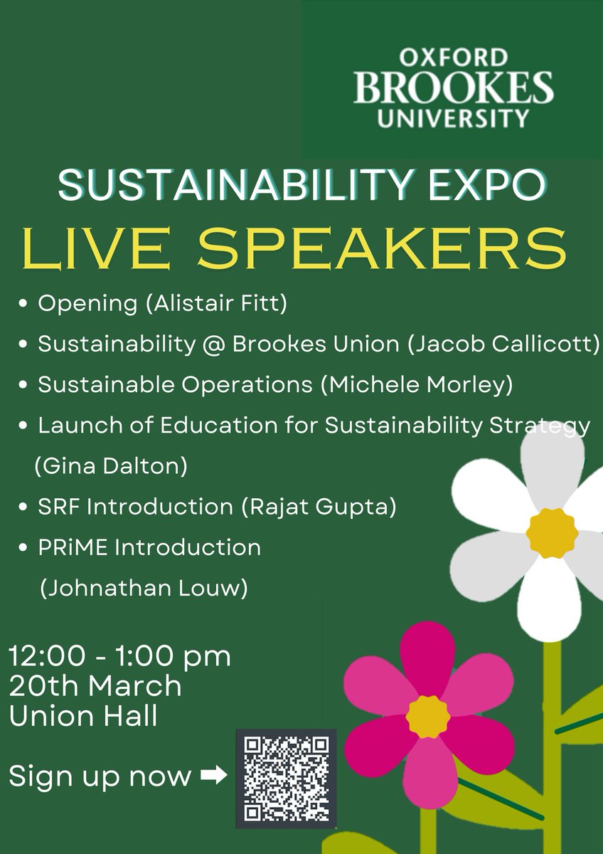 Only 2 DAYS LEFT until the OBY Sustainability Expo 2024! 🌿 Don't miss out on our live speakers diving into sustainability  at Brookes.
Join us at Union Hall at 12:00 on March 20th (Wednesday) for all the details. See you there!
#SustainabilityAtBrookes #OxfordBrookes
