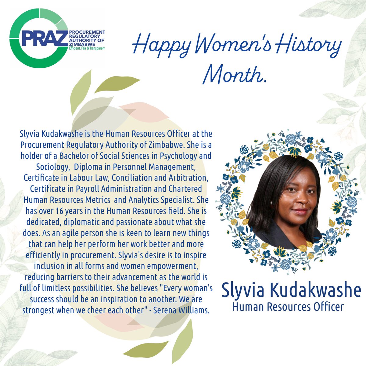 Celebrating remarkable women in public procurement. Ms. Slyvia Phiri Kudakwashe is a confident, compassionate & charismatic woman in Human Resources. She is passionate about inclusion in all forms & women empowerment. #InclusivityInPublicProcurement #InternationalWomensMonth2024