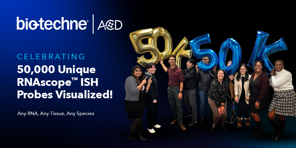 We're celebrating! 50,000 Unique #RNAscope ISH Probes, Targeting Any RNA, Any Tissue, Any Species! Advancing #spatialmultiomics with a milestone of 50K unique RNAscope ISH probes, in +400 species. Request your custom-designed, unique RNAscope probe: acdbio.com/newprobes