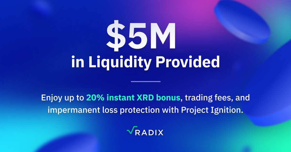 radixdlt's tweet photo. 🔥 Project Ignition Update 🔥

The liquidity in Ignition pools has soared to $5.6M. Together with the XRD match, total liquidity has reached an impressive $11.9M! 

Leaving only 44% until the Ignition pools are completely filled! 

Don't miss out – the clock is ticking! ⌛️💥 https://t.co/8kNg5MGWho