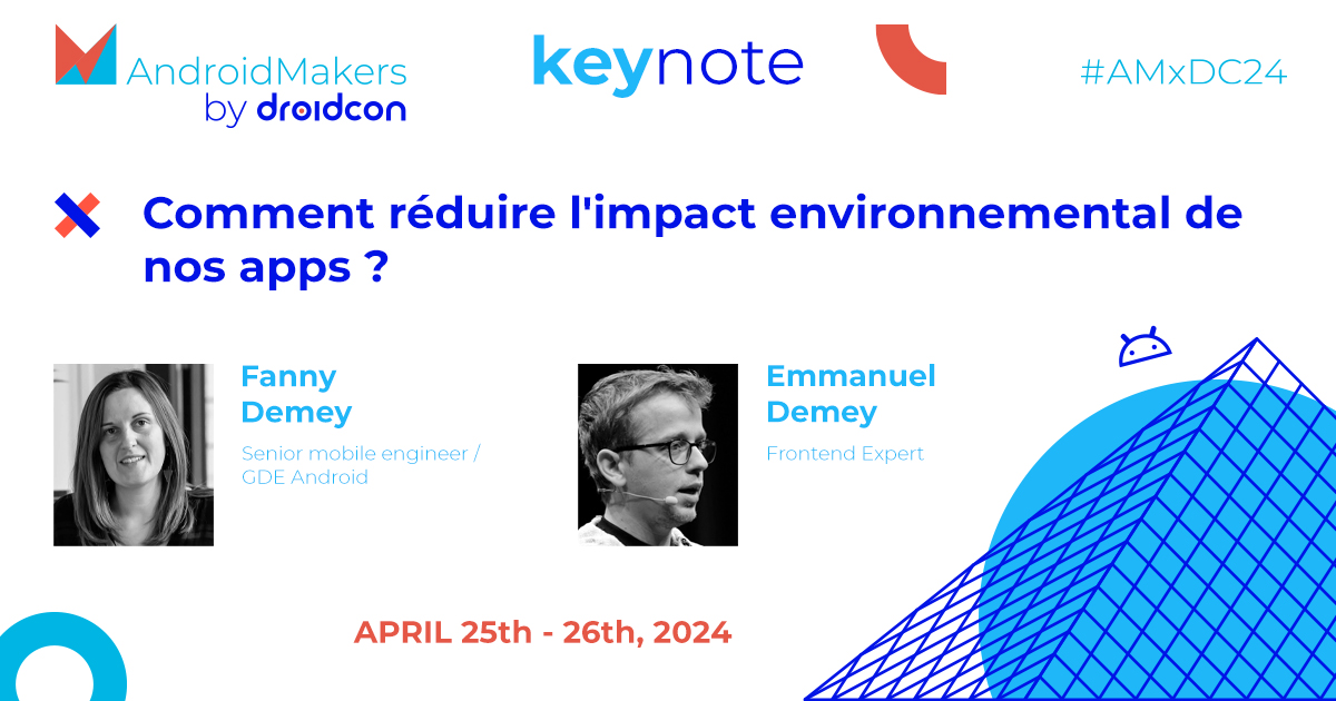 AndroidMakersFR's tweet image. Keynote Announcement 👏 📣
@FannyDemey & @EmmanuelDemey will be taking the #AMxDC24 stage! Their talk will examine how digital #apps can affect the environment, & present effective strategies for #MobileDevs to implement to minimise their impact.
androidmakers.droidcon.com/fanny-demey/