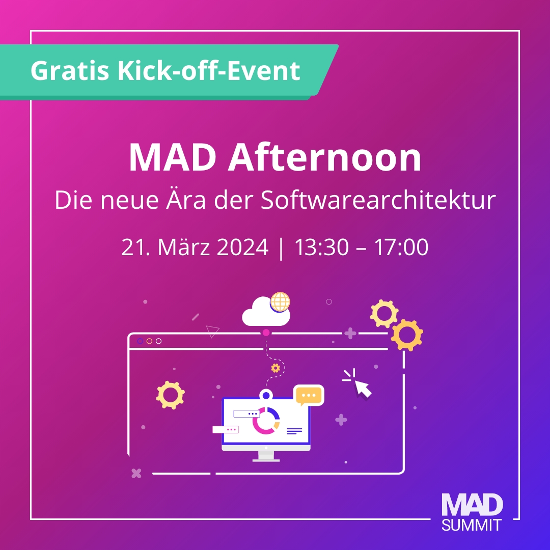 MAD Summit (@mad_summit) on Twitter photo Am 21. März noch ein bisschen Zeit frei? Um 13.30 Uhr starten 4x 45min Talks über moderne Softwarearchitektur mit <a href="/ewolff/">Eberhard Wolff</a>, <a href="/mobileLarson/">mobileLarson</a>, <a href="/Grinseteddy/">Dr. Annegret Junker</a>, <a href="/BFreakout/">Gregor Biswanger</a> im Livestream.
Registriert Euch kostenlos unter: mad-summit.de/kick-off-maerz… Am 21. März noch ein bisschen Zeit frei? Um 13.30 Uhr starten 4x 45min Talks über moderne Softwarearchitektur mit <a href="/ewolff/">Eberhard Wolff</a>, <a href="/mobileLarson/">mobileLarson</a>, <a href="/Grinseteddy/">Dr. Annegret Junker</a>, <a href="/BFreakout/">Gregor Biswanger</a> im Livestream.
Registriert Euch kostenlos unter: mad-summit.de/kick-off-maerz…