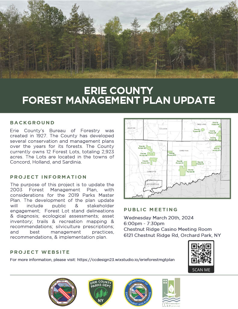 SAVE THE DATE! Parks and DEP are undertaking an update to the 2003 Forest Management Plan for Erie County Parks' 6000 acres of forest lots. The first public meetings are scheduled for March 20th. More info: ow.ly/qkTM50QLxgl.