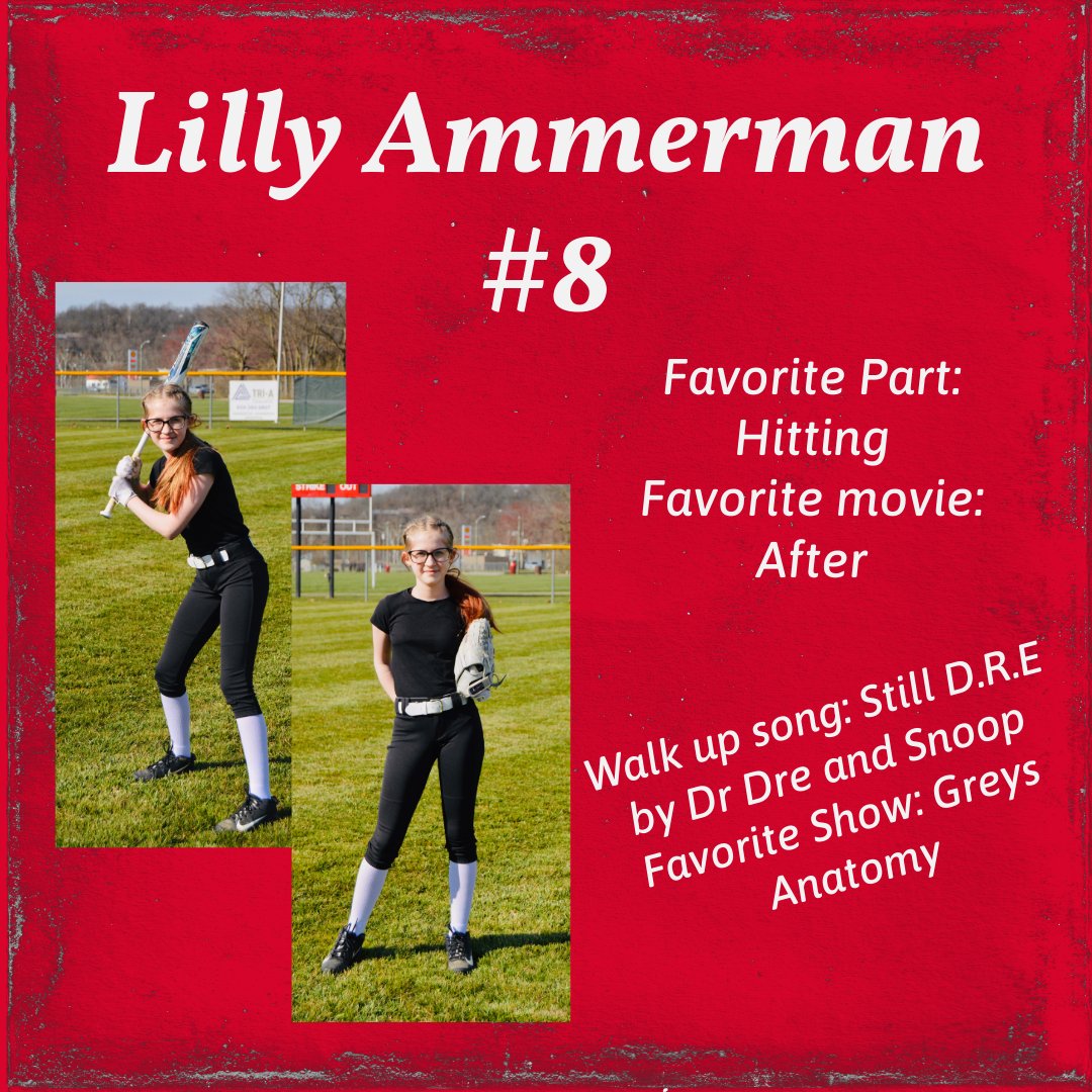 Next up is Lilly. Lilly is an incoming 7th grader looking to learning more about the game of softball. She has already made some great improvements this year. Welcome to the team, #8!