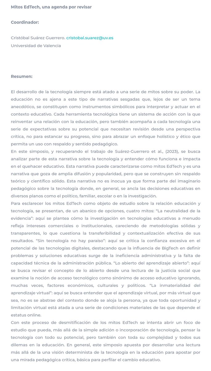 Cristóbal Suárez-Guerrero (@cristobalsuarez) on Twitter photo En la XXVII edición del congreso <a href="/edutec_24/">EDUTEC 2024</a>, <a href="/JulianaR71/">Juliana Raffaghelli @LaRaffa@xarxa.cloud</a> <a href="/carolak/">✿Caroline Kühn✿ | @Carolinekuhn@mastodon.social</a> <a href="/pabloriverabcn/">Pablo Rivera</a> y yo participaremos en el simposio "Mitos EdTech, una agenda por revisar" que gira en torno a 4 mitos. edutec24.es/programa-edute…
Estáis invitados <a href="/edute/">eduardo</a> En la XXVII edición del congreso <a href="/edutec_24/">EDUTEC 2024</a>, <a href="/JulianaR71/">Juliana Raffaghelli @LaRaffa@xarxa.cloud</a> <a href="/carolak/">✿Caroline Kühn✿ | @Carolinekuhn@mastodon.social</a> <a href="/pabloriverabcn/">Pablo Rivera</a> y yo participaremos en el simposio "Mitos EdTech, una agenda por revisar" que gira en torno a 4 mitos. edutec24.es/programa-edute…
Estáis invitados <a href="/edute/">eduardo</a>