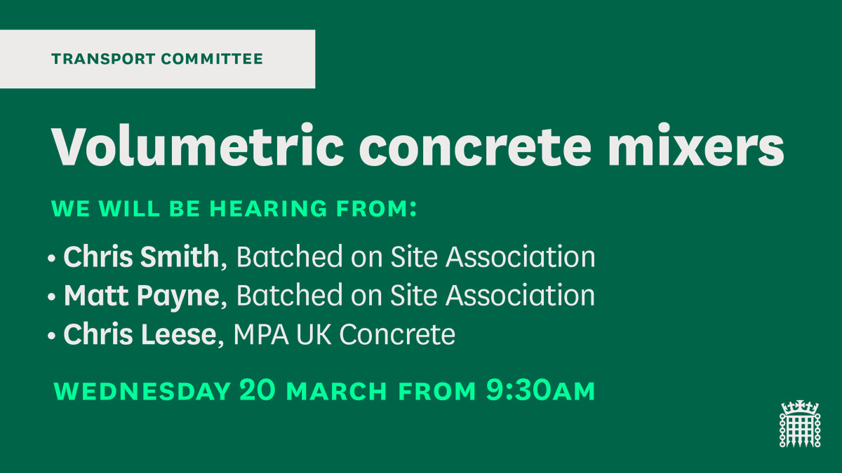 📢 On Wednesday we will be holding a session on issues relating to the regulation of volumetric concrete mixers. 🔎 We will hear from figures at @BatchedonSite and @LeeseChris of MPA UK Concrete Find out more 👇 committees.parliament.uk/event/20667/fo…