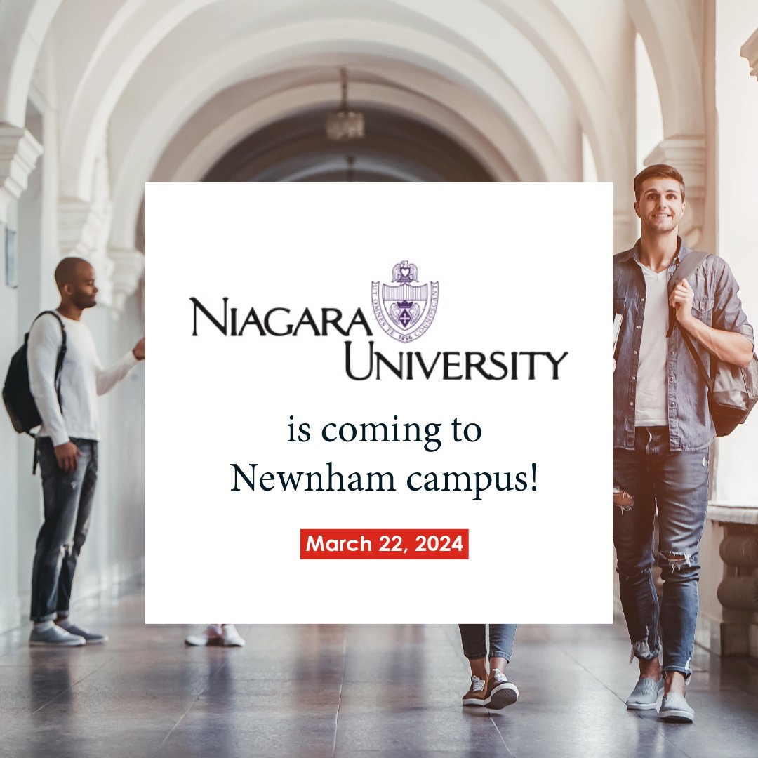 Are you looking for a graduate program? 📚

Niagara University in Ontario will be on the Newnham campus to talk about your pathway options from your Seneca credential.

Date: Friday March 22
Time: 11 a.m. to 3 p.m.
Location: Newnham Campus - Service Hub Lounge

See you there!