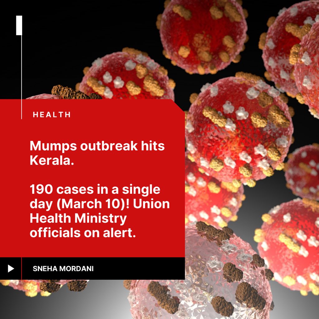 snehamordani's tweet photo. Mumps outbreak hits Kerala.
190 cases in a single day (March 10).
Union Health Ministry officials on alert. Concerns rise as Maharashtra, Andhra Pradesh, and Telangana also affected.
#MumpsOutbreak #Kerala #Maharashta #Telangana #AP https://t.co/3nTewZsrXt